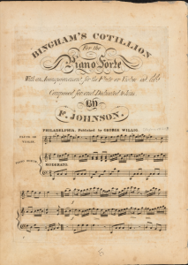 Page one of the piano score of Bingham's Cotillion by Frank Johnson