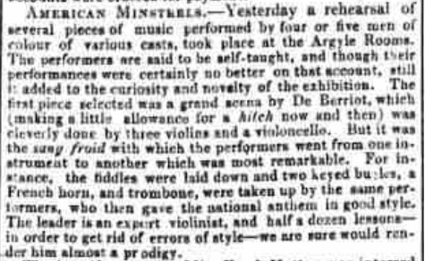 Excerpt from Morning Advertiser announcing Frank Johnson and Band at Argyll Rooms